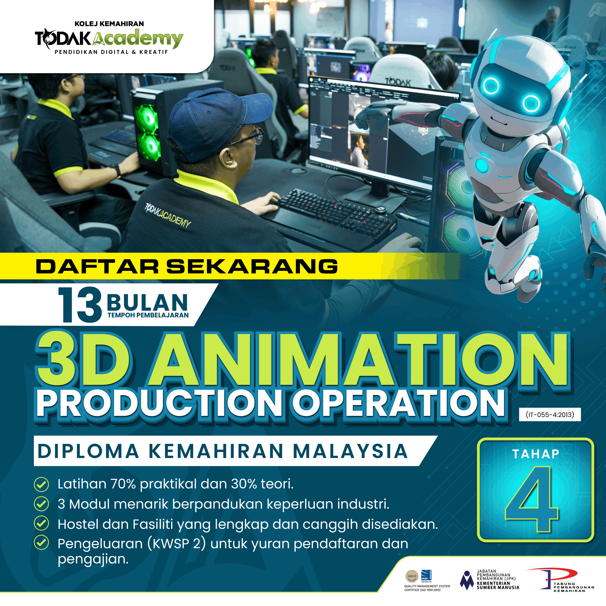 3D animation production diploma program at Todak Academy Cyberjaya teaching animation modeling and industry ready skills in 13 months