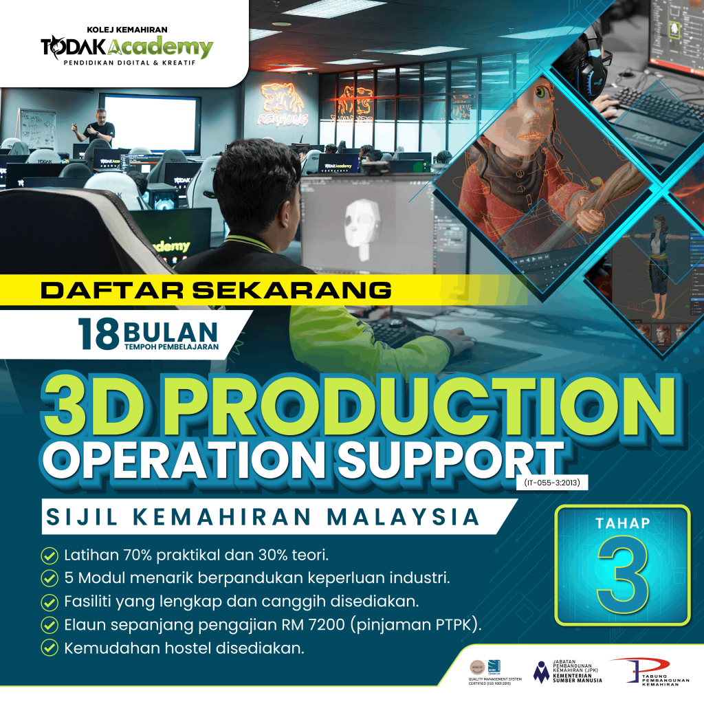 3D production operation support certificate program at Todak Academy Cyberjaya teaching 3D modeling animation and industry skills