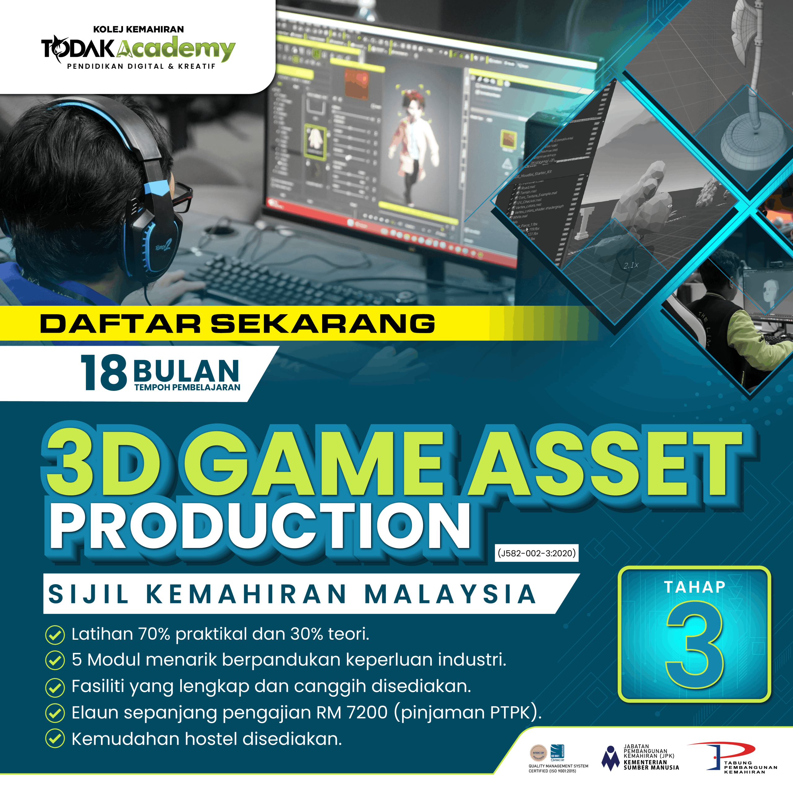 3D game asset production certificate program at Todak Academy Cyberjaya teaching game design modeling and asset creation skills