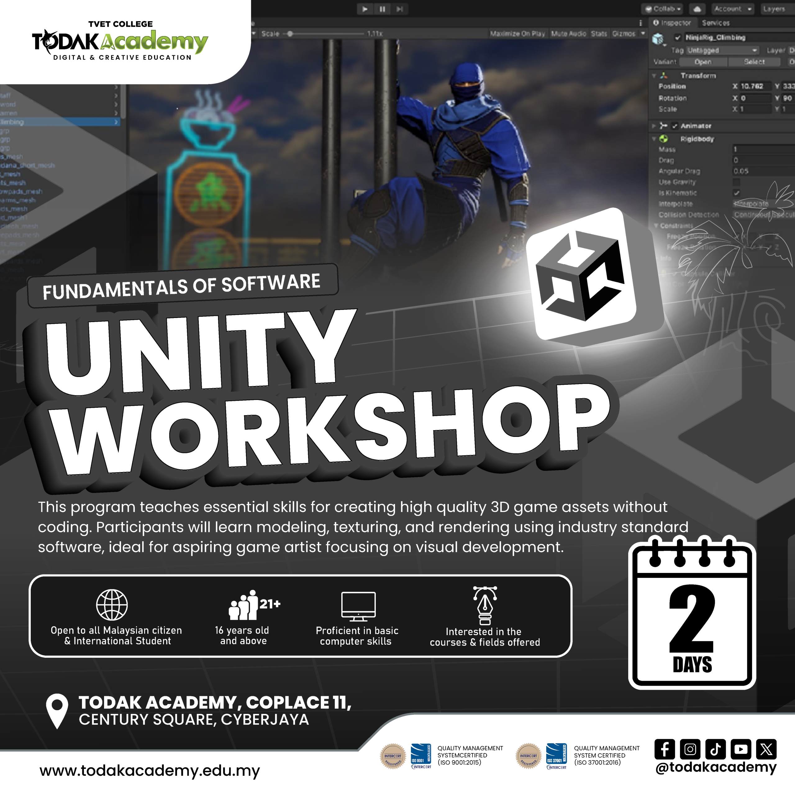 Unity workshop short course at Todak Academy Cyberjaya teaching beginners to create 3D game assets and environments
