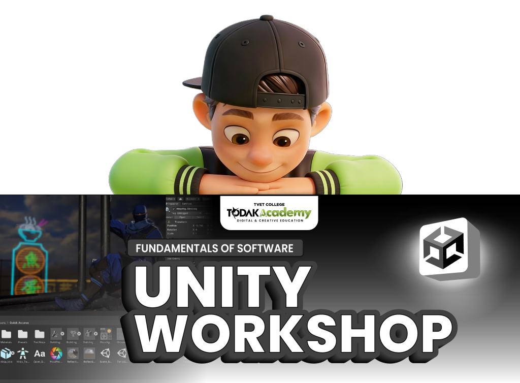 Animated character promoting Unity workshop