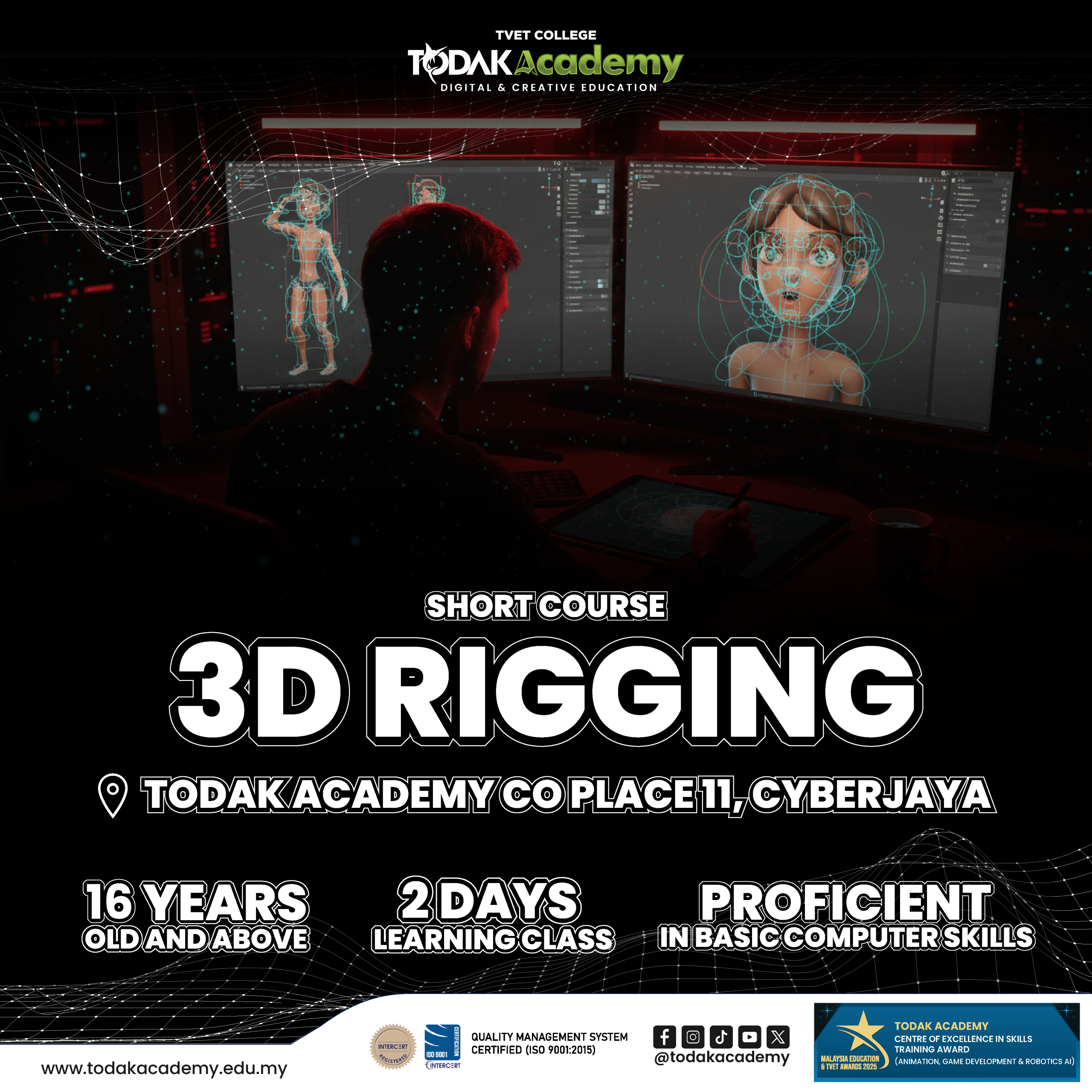 3D rigging short course at Todak Academy Cyberjaya teaching character rigging for animation in 2 days