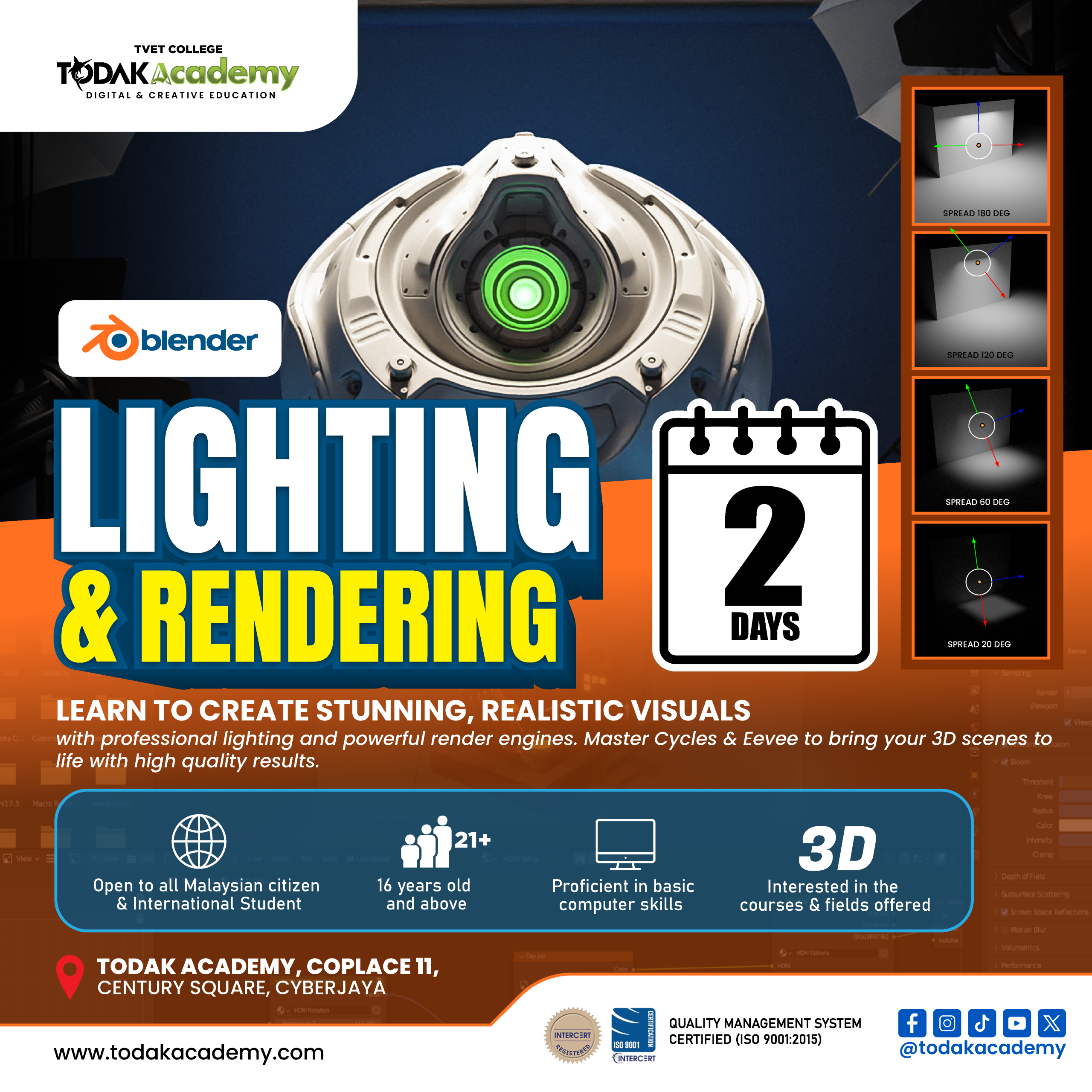 lighting and rendering short course using Blender at Todak Academy Cyberjaya for creating realistic 3D visuals