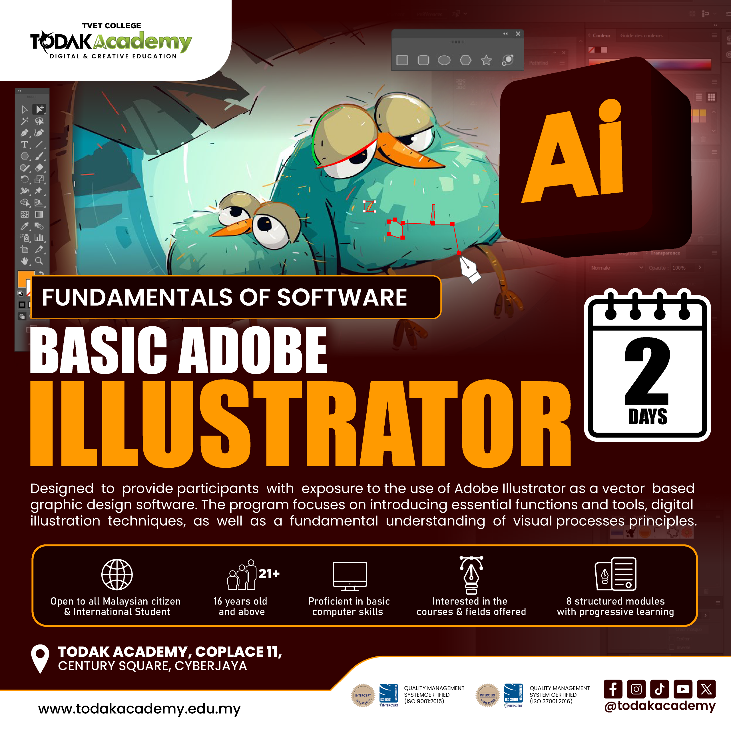 Adobe Illustrator short course at Todak Academy Cyberjaya teaching vector design illustration and logo creation for beginners