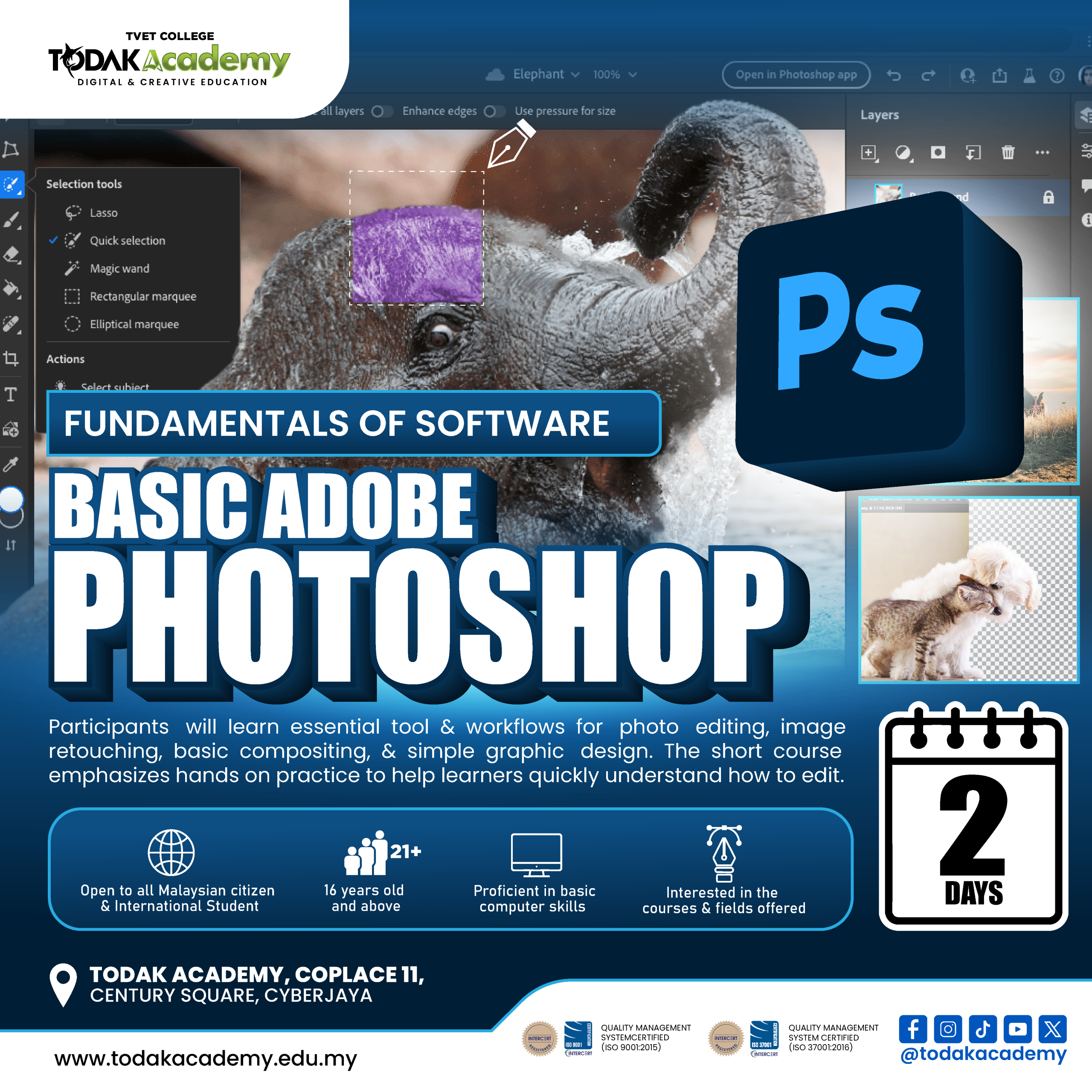 Adobe Photoshop short course at Todak Academy Cyberjaya teaching photo editing retouching and basic graphic design for beginners
