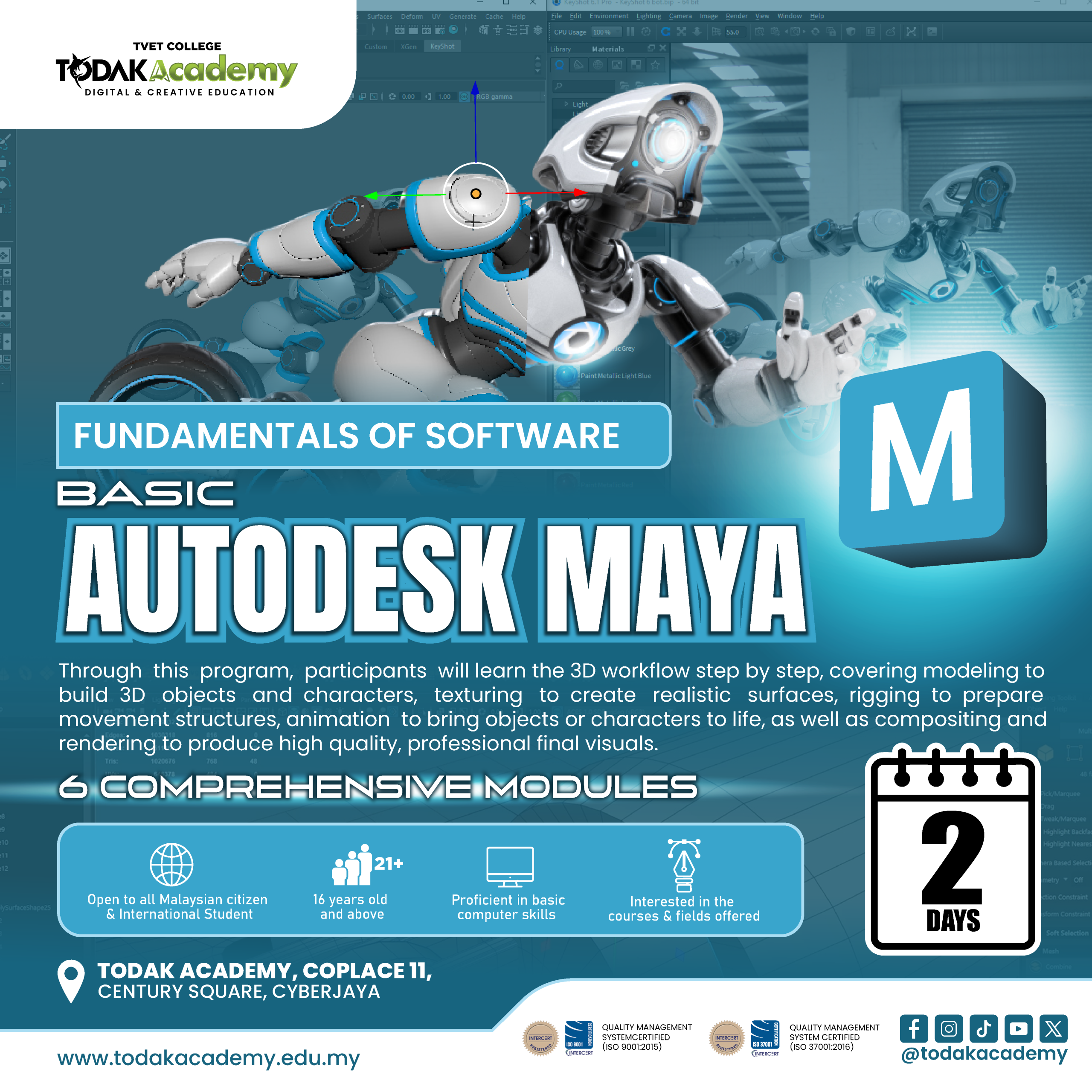 Autodesk Maya short course at Todak Academy Cyberjaya teaching 3D modeling texturing rigging animation and rendering for beginners