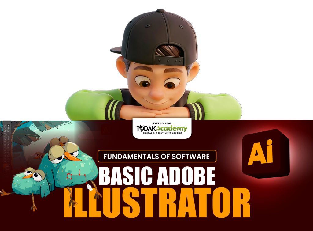 Cartoon character promoting Adobe Illustrator course