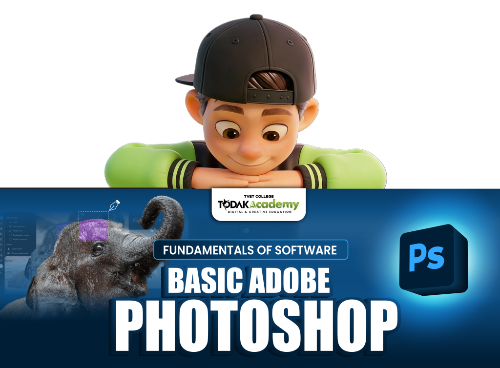 Cartoon character promoting Photoshop course